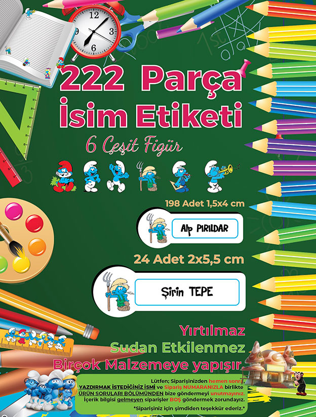 Okul%20Etiketi%20Kalem%20Defter%20Etiketi,%20Şirinler%20V1%20Etiketi%20-%20222%20Adet%20Folyo%20Sticker