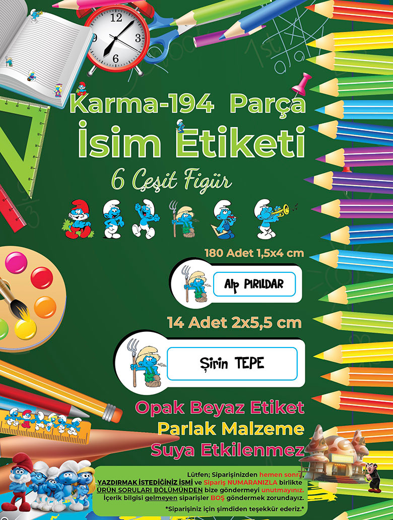 Okul%20Etiketi%20Kalem%20Defter%20Etiketi,%20Şirinler%20v1%20Etiketi%20-%20194%20Adet%20Opak%20Sticker