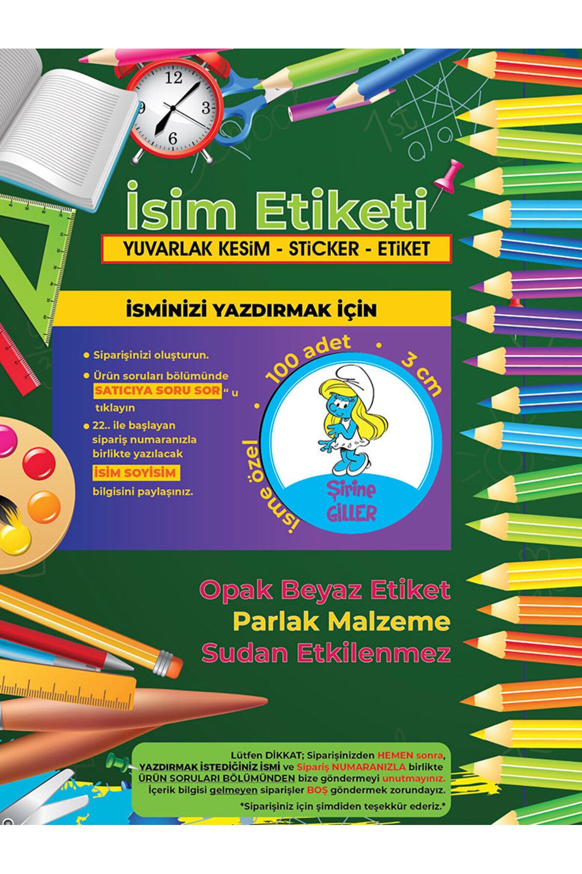 Okul%20Etiketi%20Kalem%20Defter%20Etiketi,%20Şirinler%20V2%20Etiketi%20-%20100%20Adet%203cm%20Opak%20Sticker