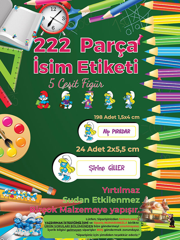 Okul%20Etiketi%20Kalem%20Defter%20Etiketi,%20Şirinler%20V2%20Etiketi%20-%20222%20Adet%20Folyo%20Sticker