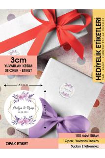 Mor Pembe Çiçek Düğün Hediyelik Etiket 3 Cm - Letbil 100 Adet Opak Sticker