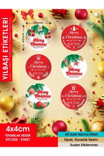 Etiket - Yılbaşı Merry Christmas Etiketi, Ürünlerinize Özel 4 Cm - 60 Adet Opak Sticker