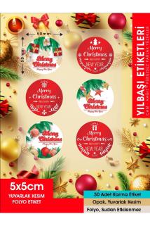 Etiket - Yılbaşı Merry Christmas Etiketi, Ürünlerinize Özel 5 Cm - 50 Adet Sticker