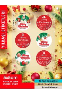 ETİKET - YILBAŞI MERRY CHRİSTMAS ETİKETİ, ÜRÜNLERİNİZE ÖZEL 5 CM - 40 ADET OPAK STİCKER