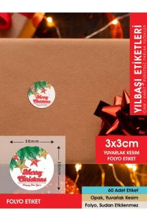 Etiket - Yılbaşı Merry Christmas Etiketi 4, Ürünlerinize Özel 3 Cm - 60 Adet Folyo Sticker