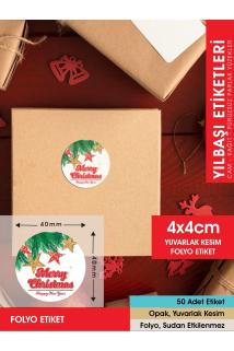 Etiket - Yılbaşı Merry Christmas Etiketi 4, Ürünlerinize Özel 4 Cm - 50 Adet Folyo Sticker