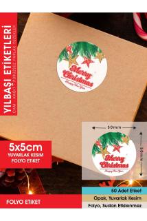 Etiket - Yılbaşı Merry Christmas Etiketi 4, Ürünlerinize Özel 5 Cm - 50 Adet Folyo Sticker